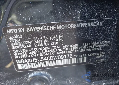 2012 BMW 528I xDrive из США, поврежденный, VIN WBAXH5C54CDW09176